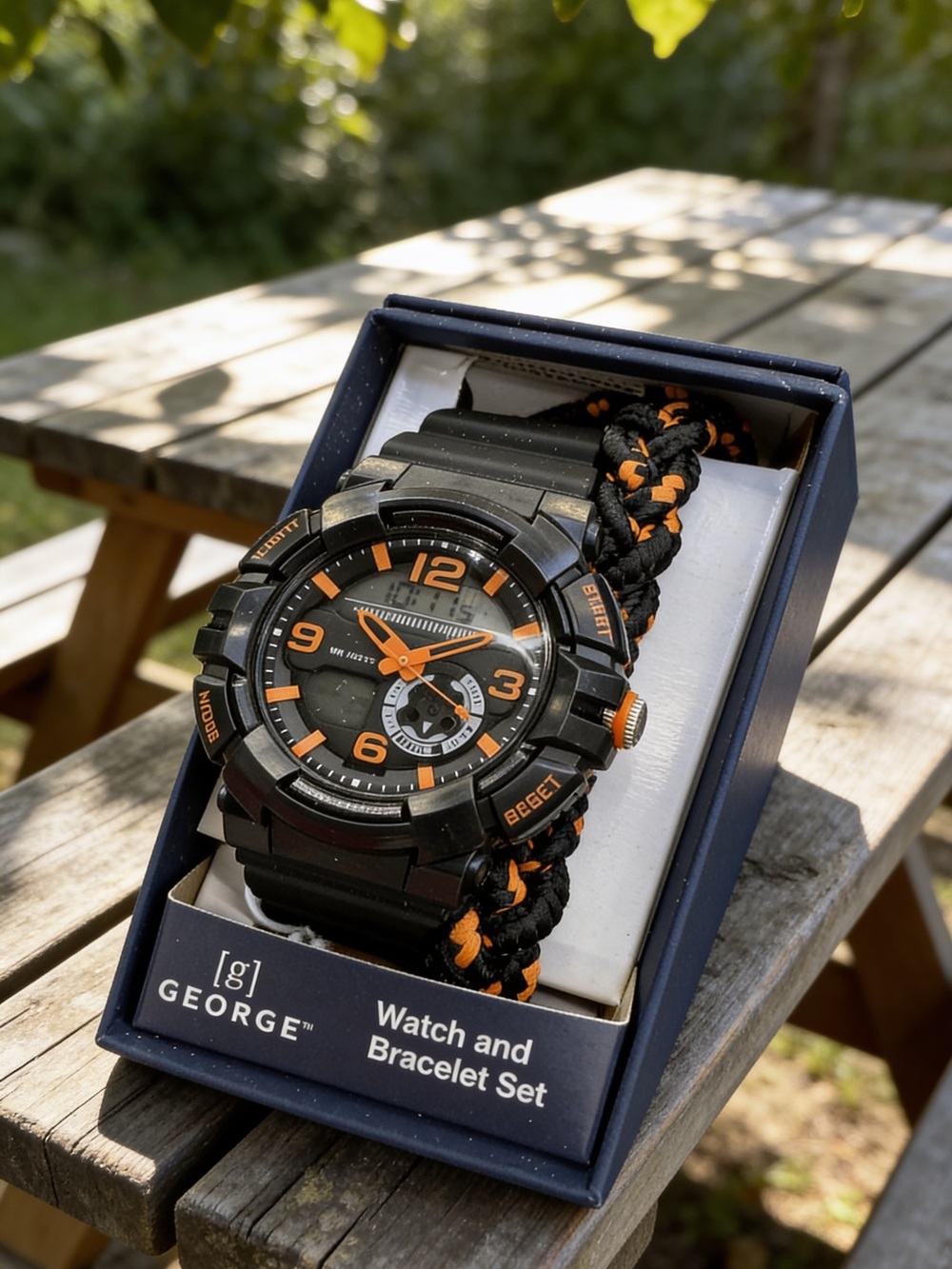 George Black and Orange Sport Watch Set with Braided Bracelet